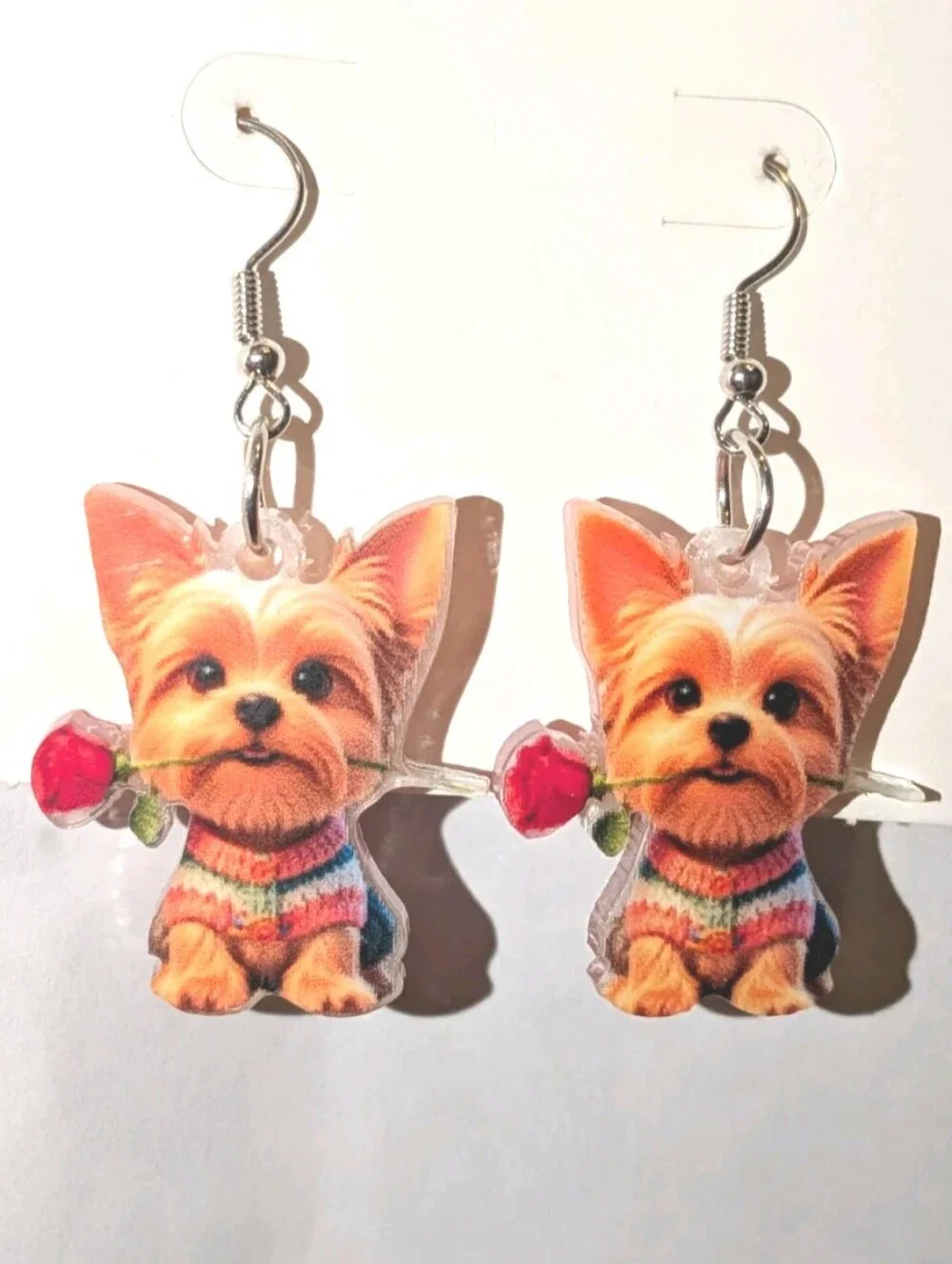 Hand Crafted Yorkie Puppy Earrings with Red Rose